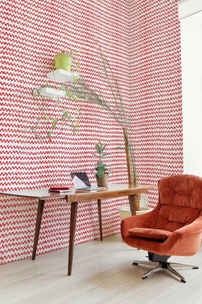 MId-century boho style home office decorated with Red modern chevron peel and stick wallpaper