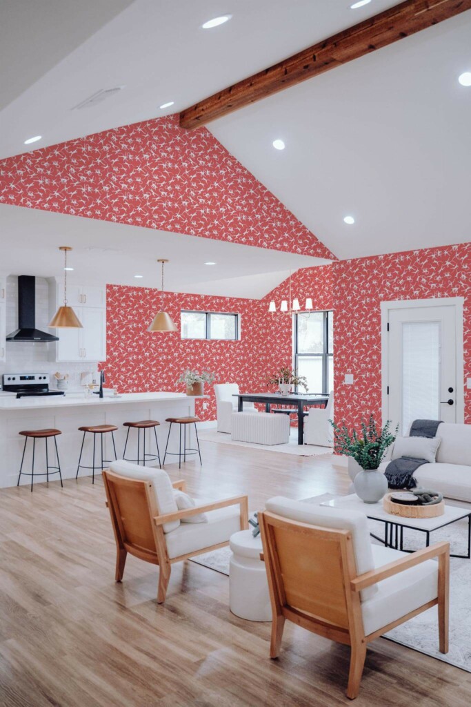 Contemporary style living room and kitchendecorated with Red monkey peel and stick wallpaper