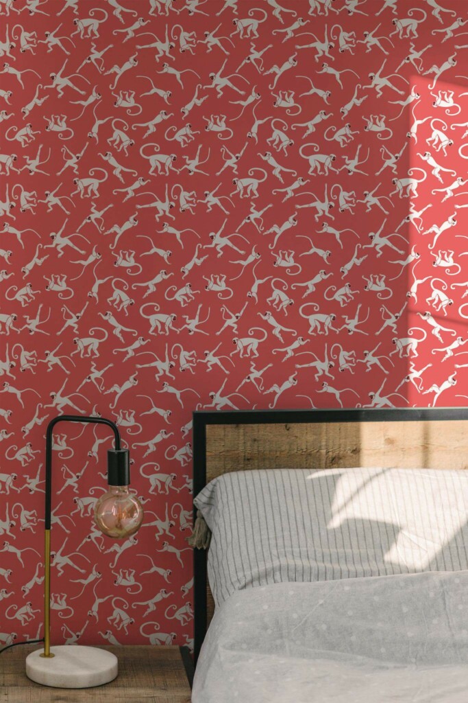 Minimal modern style bedroom decorated with Red monkey peel and stick wallpaper