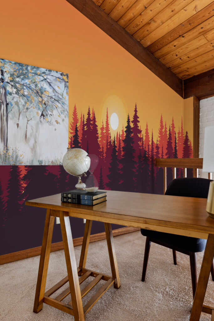 A calming mural for wall decor with red forest silhouettes and orange sky gradient for warm interiors by Fancy Walls