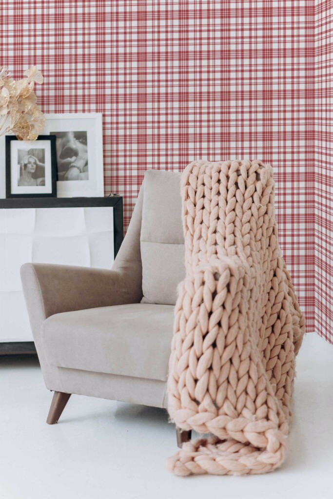Boho style living room decorated with Red Plaid peel and stick wallpaper