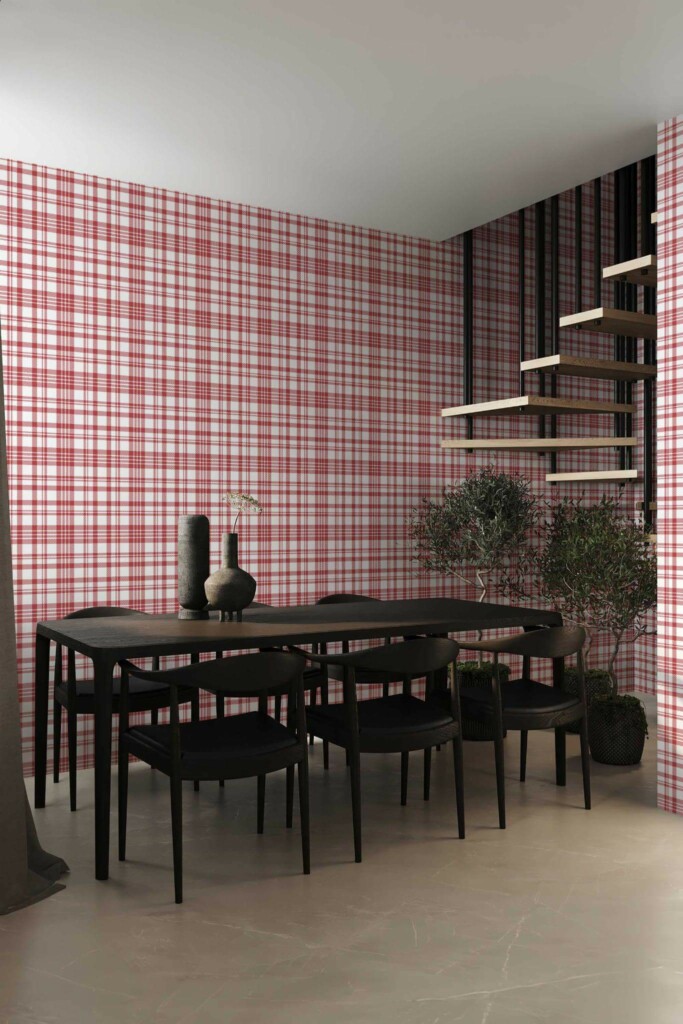 Modern industrial style dining room decorated with Red Plaid peel and stick wallpaper