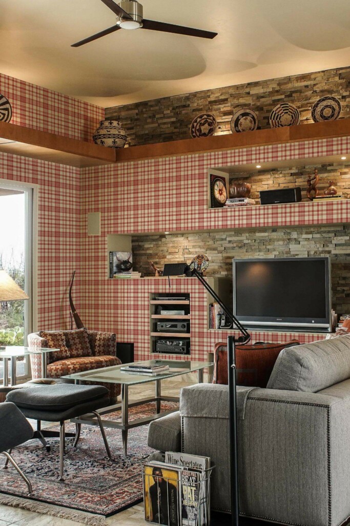 Scandinavian style living room decorated with Red Plaid peel and stick wallpaper and Mediterranean accents