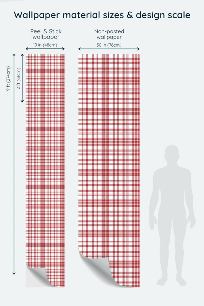 Size comparison of Red plaid Peel & Stick and Non-pasted wallpapers with design scale relative to human figure