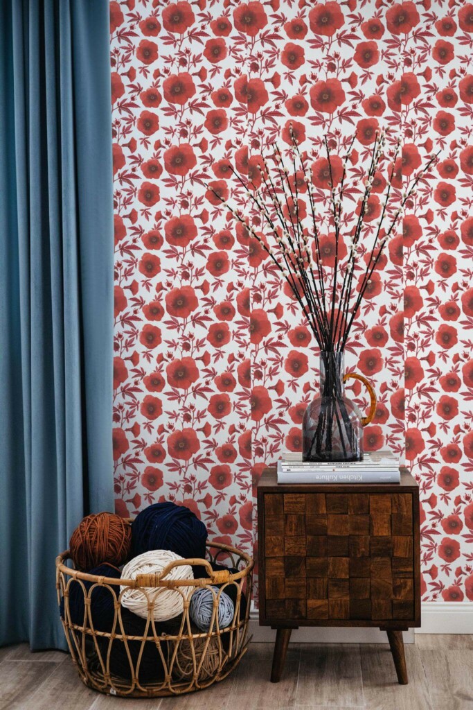 Coastal style living room decorated with Red poppy floral peel and stick wallpaper