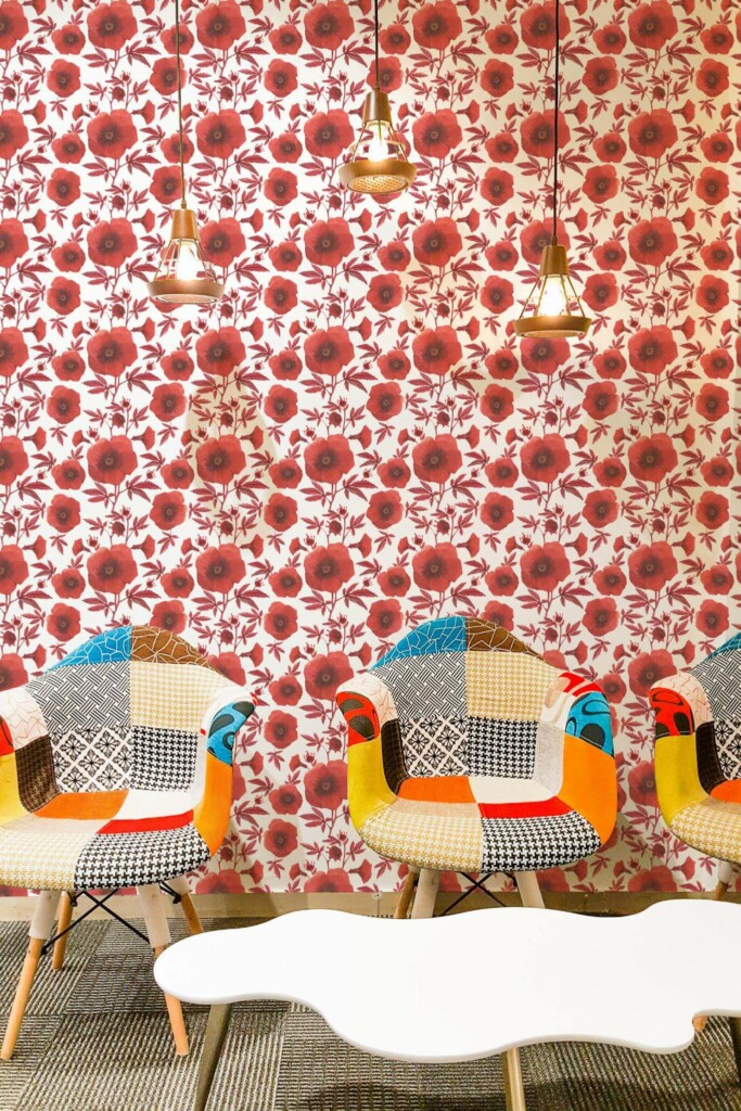 Mid-century modern style living room decorated with Red poppy floral peel and stick wallpaper
