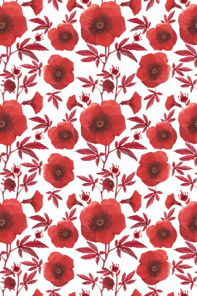 Pattern repeat of Red poppy removable wallpaper design