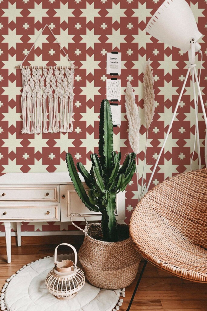 Bohemian style living room decorated with Red star kitchen peel and stick wallpaper