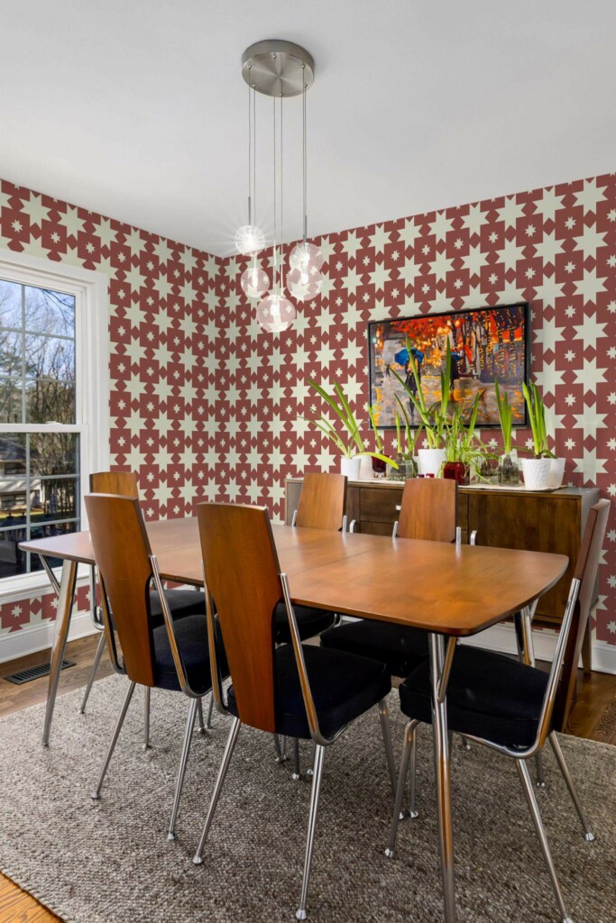 MId-century modern style dining room decorated with Red star kitchen peel and stick wallpaper