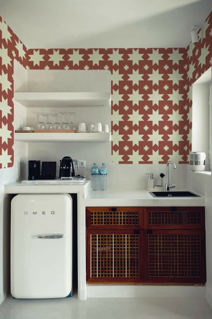 Rustic minimal style kitchen decorated with Red star kitchen peel and stick wallpaper