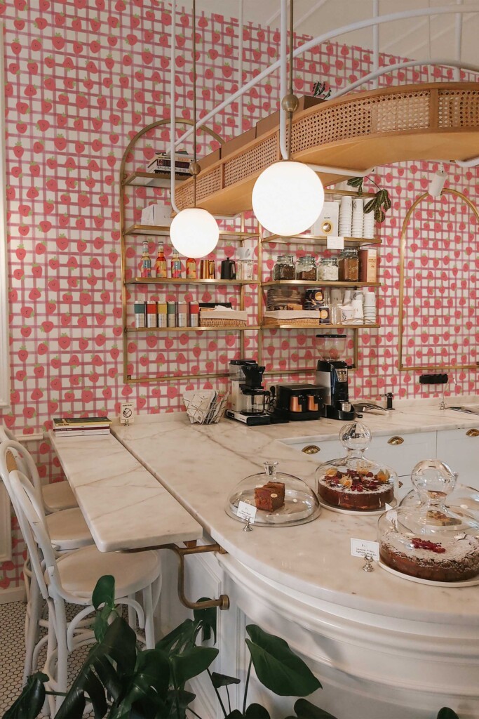 Fancy Walls Red Fun wallpaper for Bakery walls in Cute Kawaii style peel and stick wallpaper.