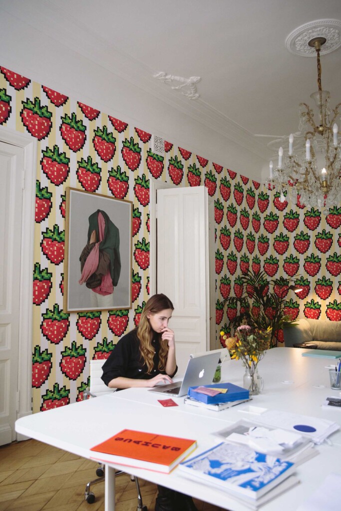 Fancy Walls traditional wallpaper with cute red pixel strawberries