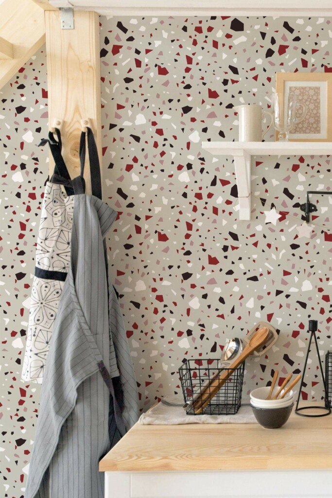 Minimal scandinavian style kitchen decorated with Red Terrazzo peel and stick wallpaper