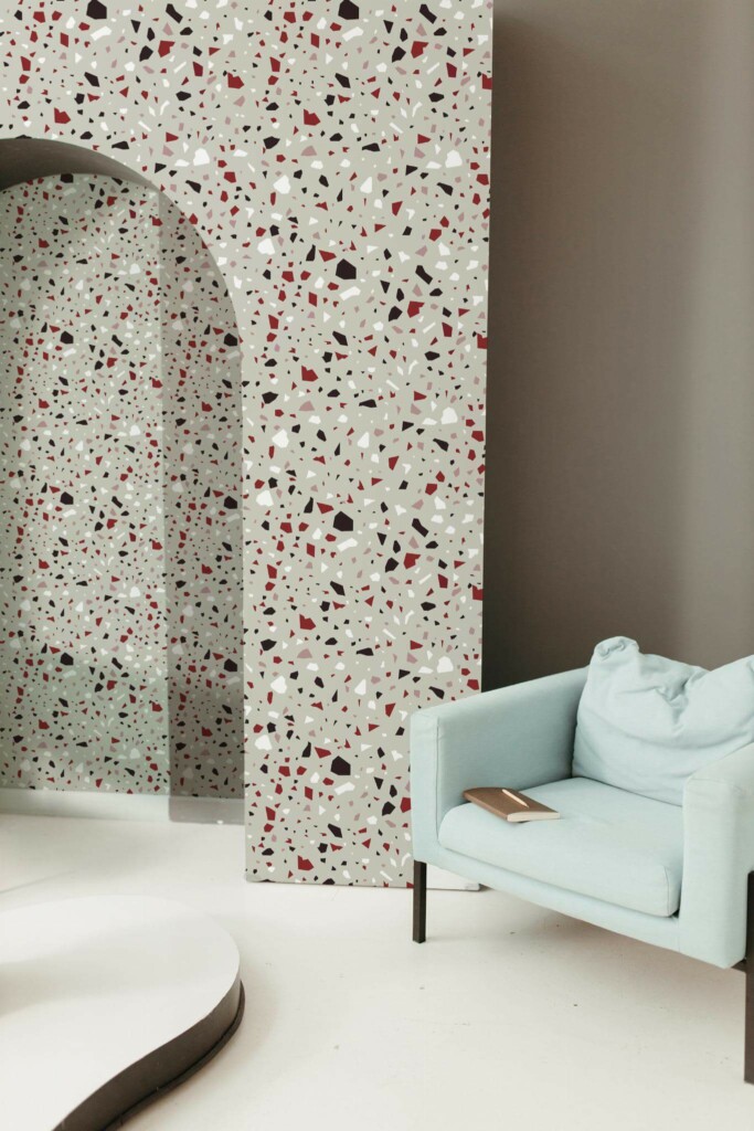 Mondern boho style living room decorated with Red Terrazzo peel and stick wallpaper