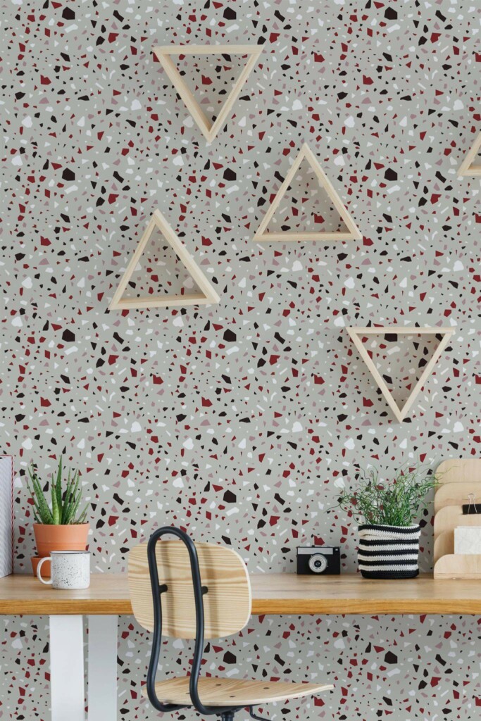 Scandinavian style home office decorated with Red Terrazzo peel and stick wallpaper