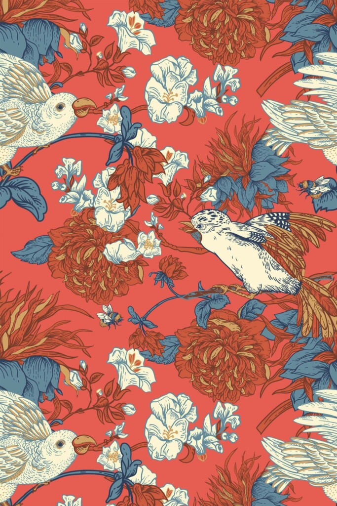 Pattern repeat of Red vintage chinoiserie removable wallpaper design