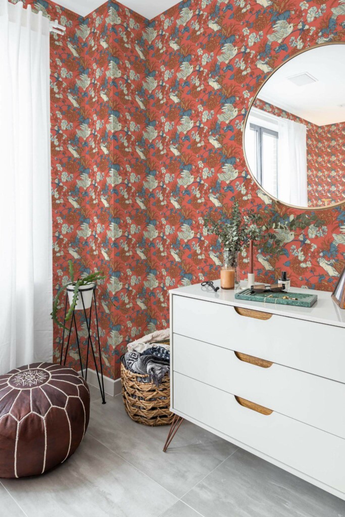 Scandinavian style bedroom decorated with Red vintage chinoiserie peel and stick wallpaper and Mediterranean accents