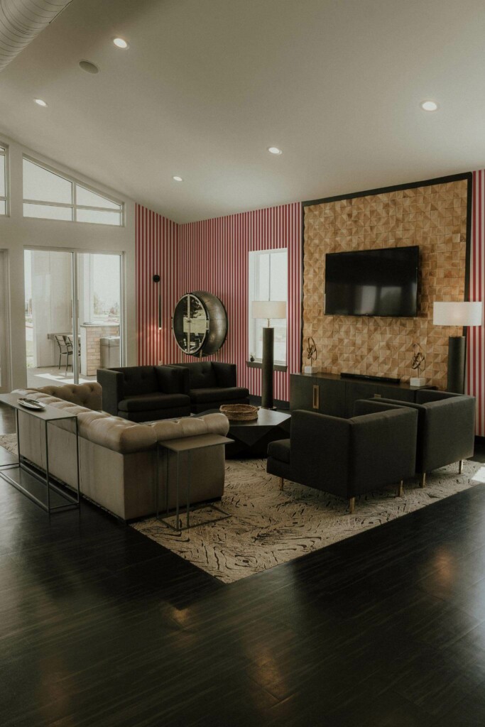 Hollywood glam style living room decorated with Red wide stripe peel and stick wallpaper