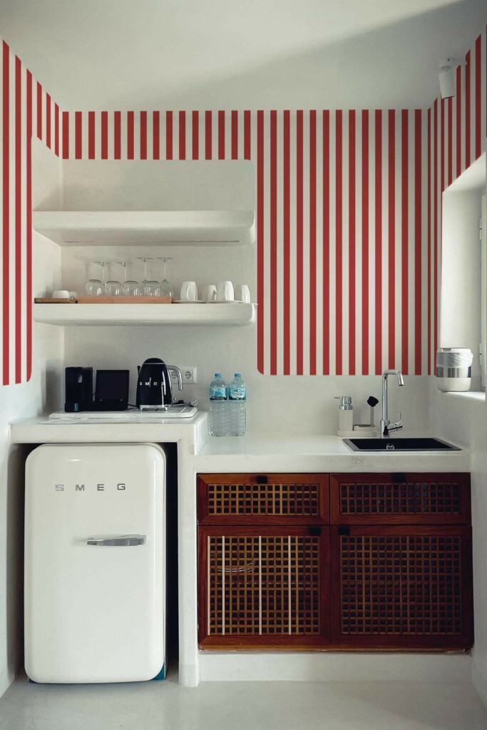 Rustic minimal style kitchen decorated with Red wide stripe peel and stick wallpaper