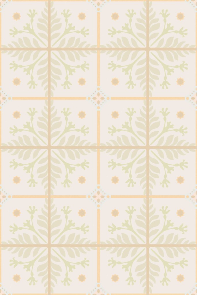 Close-up of Relaxing Spa Tiles wallpaper showing detailed floral tile motifs in soft peach and green on a beige background. The nature-inspired pattern evokes calm and symmetry, making it ideal for use in bathrooms, kitchens, or quiet spa lounges.