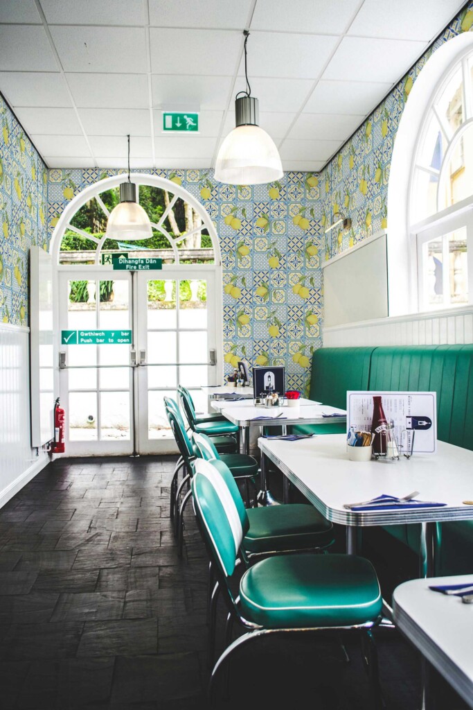 Fancy Walls Blue and white Tile wallpaper for walls in bold restaurant decor