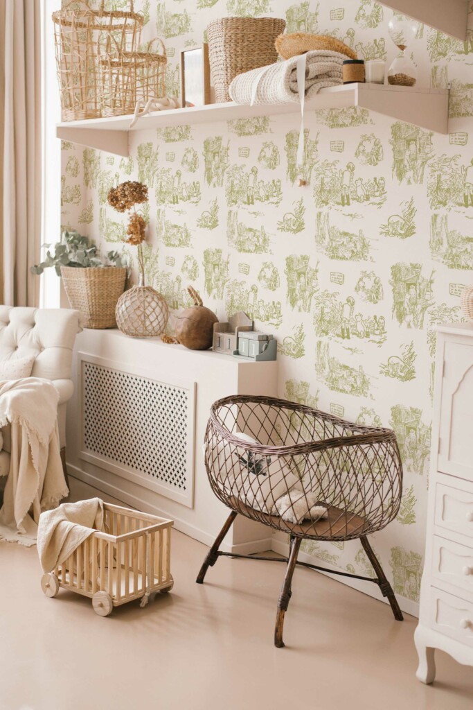 Traditional Wallpaper with Green Fable Panorama Pattern from Fancy Walls