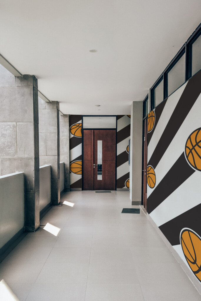 Fancy Walls black and white basketball wallpaper mural for game rooms.