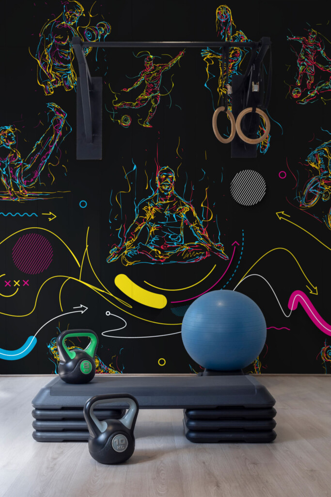 Fancy Walls dynamic dark line art mural for game rooms.