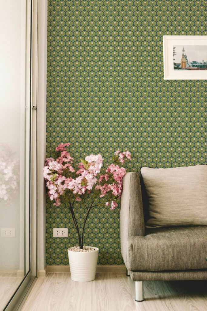 Chartreuse art deco feathers green self-adhesive wallpaper by Fancy Walls