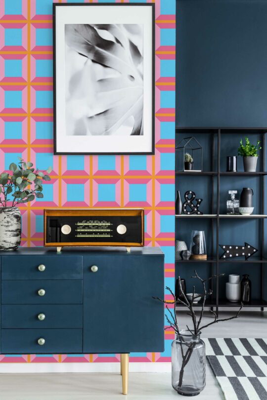 Self-adhesive wallpaper by Fancy Walls featuring colorful pink and blue geometry