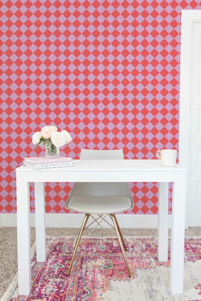 Fancy Walls unpasted wallpaper with pink and red checkered design for Christmas