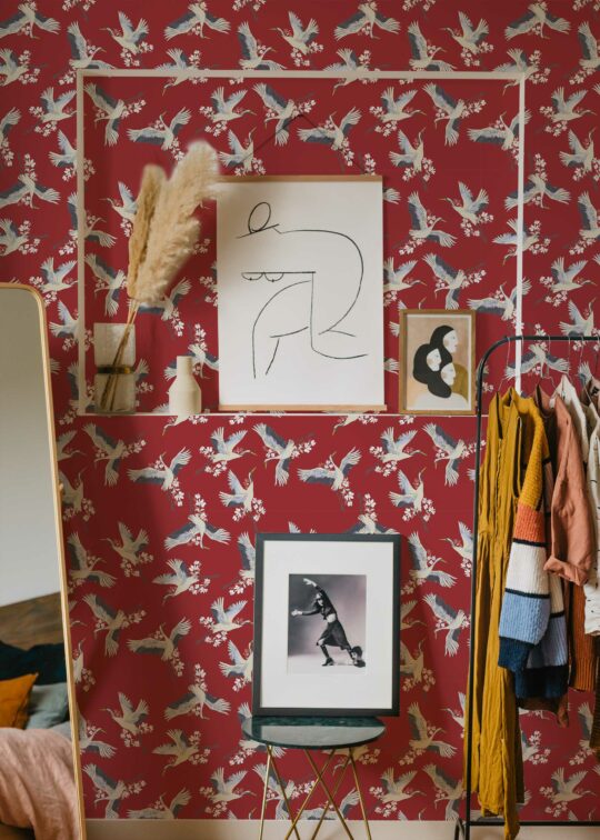 Red Crane Bird design, a wallpaper for walls by Fancy Walls