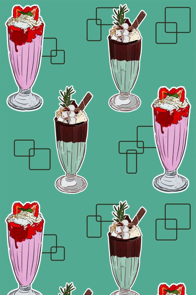 Pattern repeat of Retro 50’s milkshake removable wallpaper design