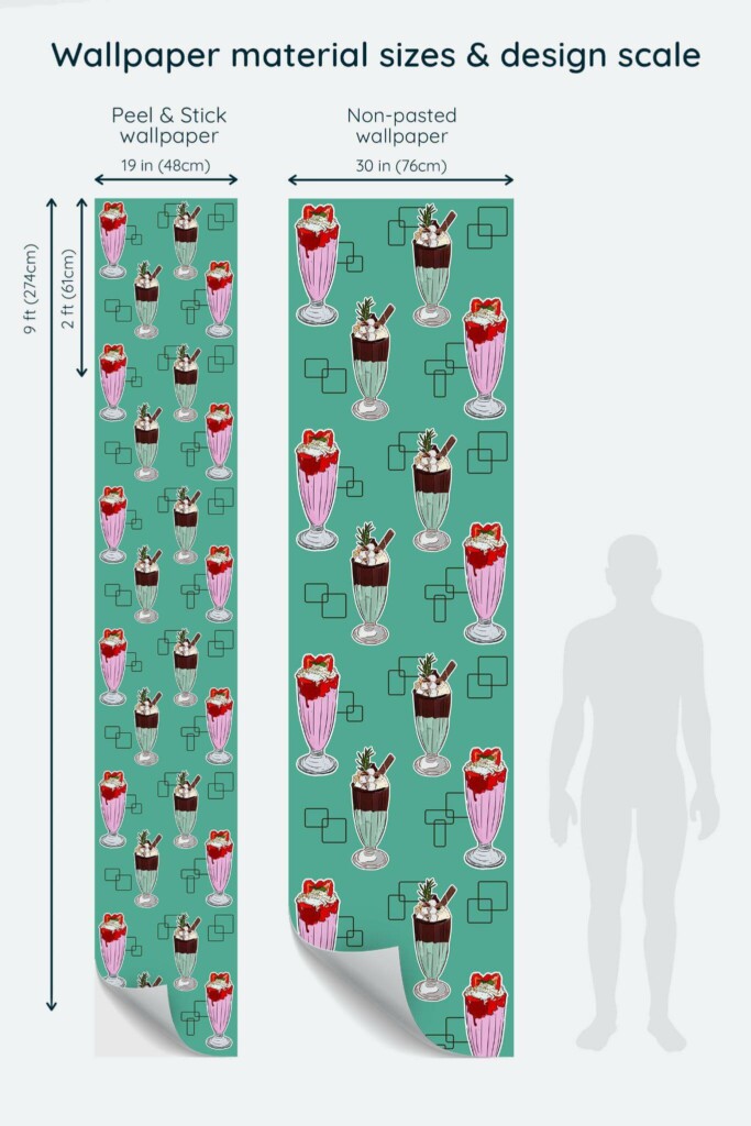 Size comparison of Retro 50’s milkshake Peel & Stick and Non-pasted wallpapers with design scale relative to human figure