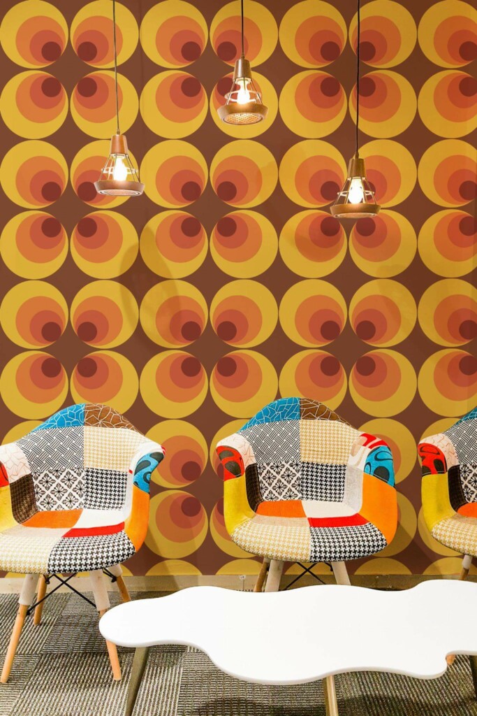 Mid-century modern style living room decorated with Retro 70s circle peel and stick wallpaper