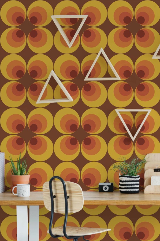 Scandinavian style home office decorated with Retro 70s circle peel and stick wallpaper