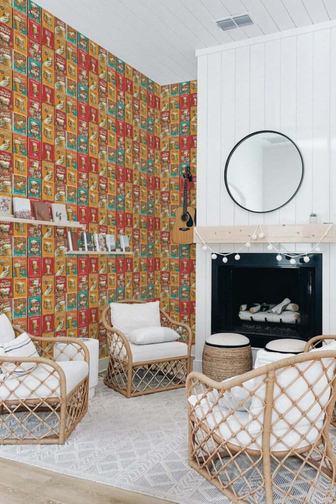 Minimal bohemian style living room decorated with Retro bar peel and stick wallpaper
