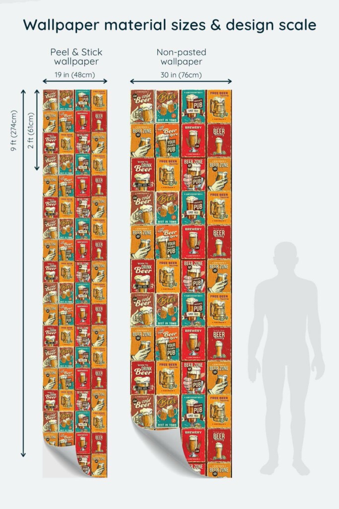 Size comparison of Retro bar Peel & Stick and Non-pasted wallpapers with design scale relative to human figure