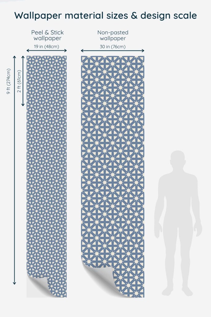 A full-length view of French Country Starburst wallpaper panels with a blue and beige hand-drawn star tile pattern. The design is displayed with measurement reference beside a human silhouette. Fancy Walls peel and stick or non-pasted wallpaper is shown for size preview.