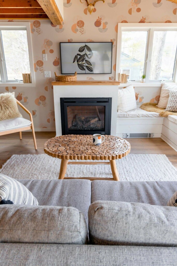 Farmhouse boho style living room decorated with Retro boho peel and stick wallpaper
