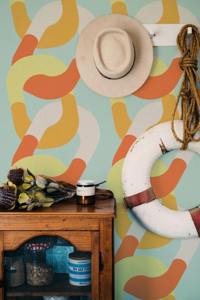 Coastal nautical style living room decorated with Retro chain peel and stick wallpaper