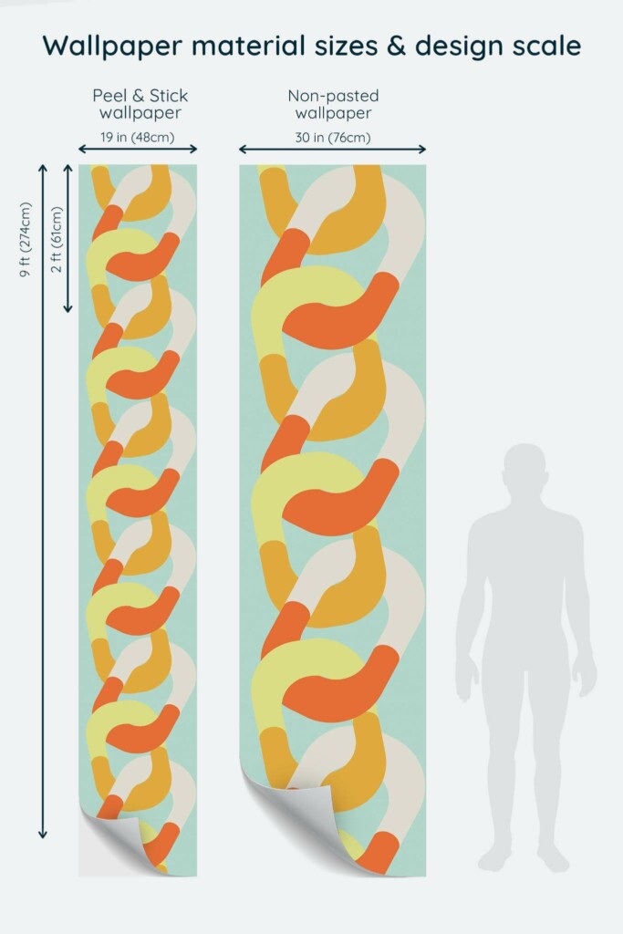 Size comparison of Retro chain Peel & Stick and Non-pasted wallpapers with design scale relative to human figure
