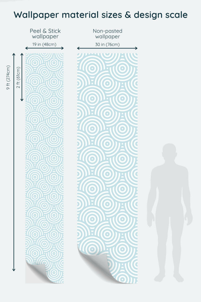 Size comparison of Retro circles Peel & Stick and Non-pasted wallpapers with design scale relative to human figure