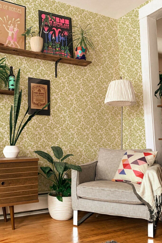 Eclectic style living room decorated with Retro damask peel and stick wallpaper