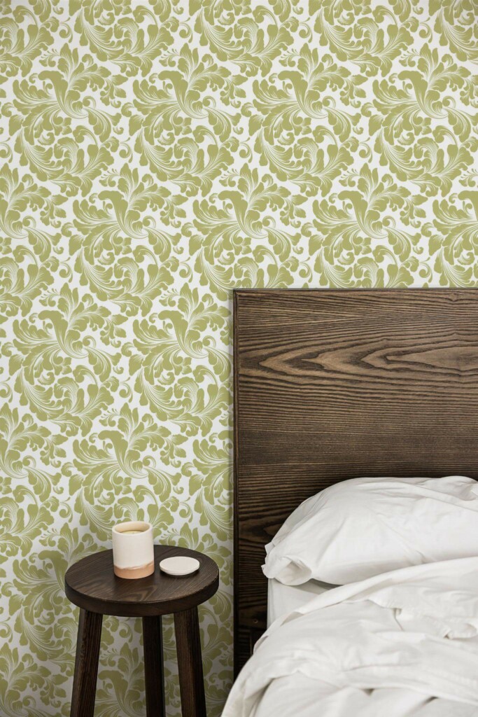 Farmhouse style bedroom decorated with Retro damask peel and stick wallpaper