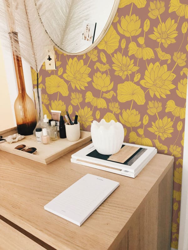 Yellow and brown retro floral pattern peel stick wallpaper