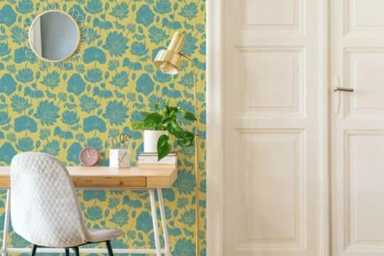 Teal and yellow dahlia peel stick wallpaper