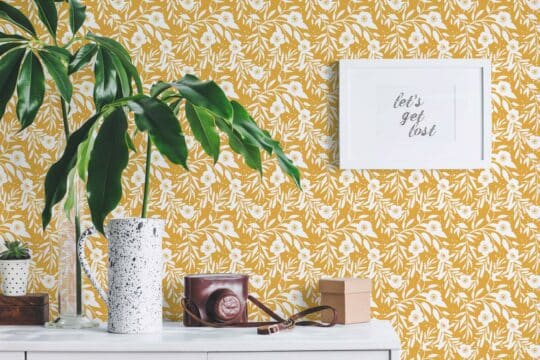 Yellow retro floral peel and stick wallpaper