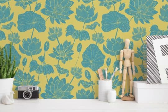 Teal and yellow dahlia self adhesive wallpaper
