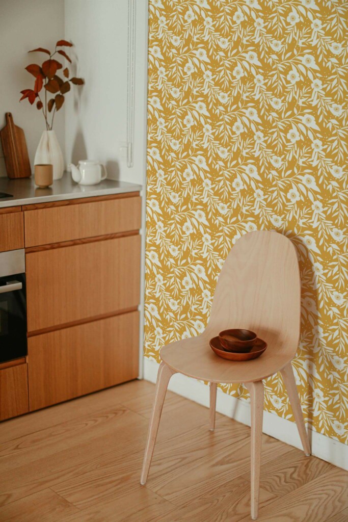 Boho style kitchen decorated with Retro floral peel and stick wallpaper